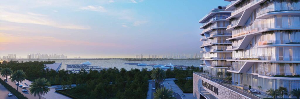 Hatimi Residences terraces overlooking the bay at sunset