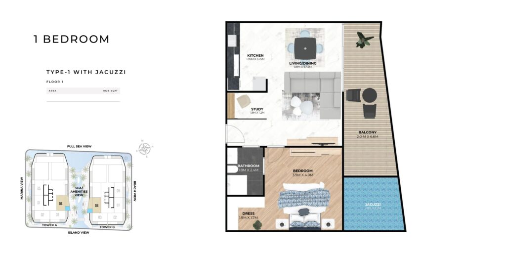 Hatimi Residences - Floorplans - 1 Bedroom Type 1 with Jacuzzi