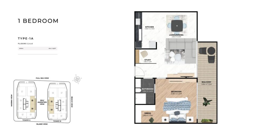 Hatimi Residences - Floorplans - 1 Bedroom Type 1A