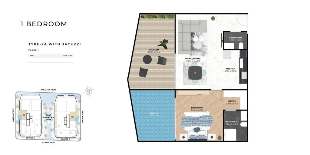 Hatimi Residences - Floorplans - 1 Bedroom Type 2A with Jacuzzi