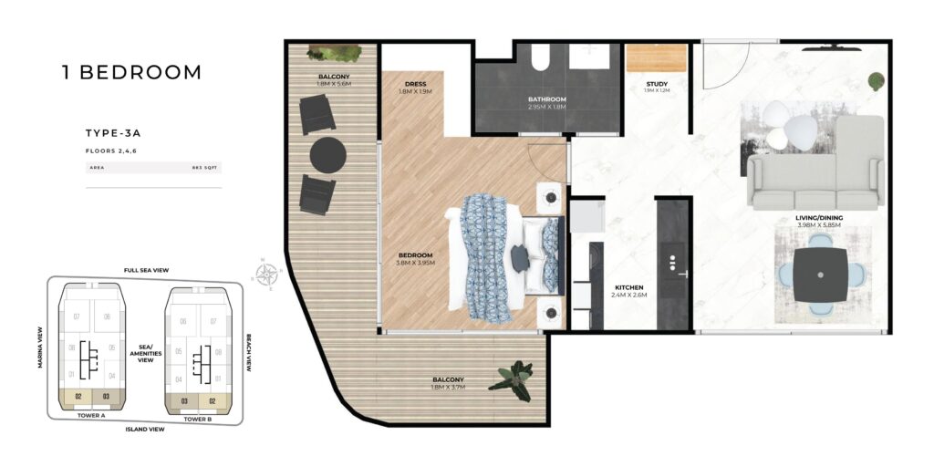 Hatimi Residences - Floorplans - 1 Bedroom Type 3A