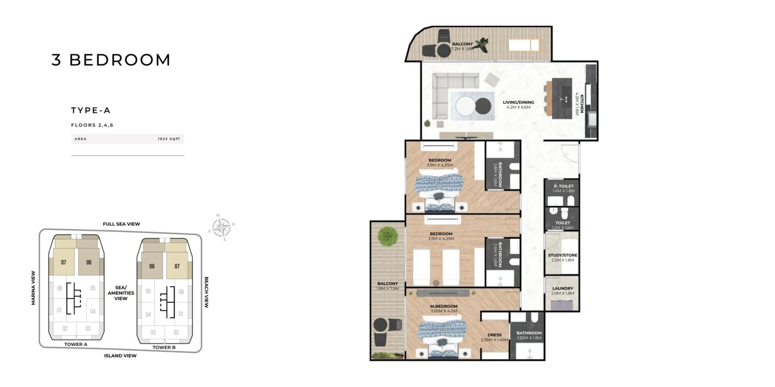 Hatimi Residences 3 bedroom type A floor plan, Dubai Islands