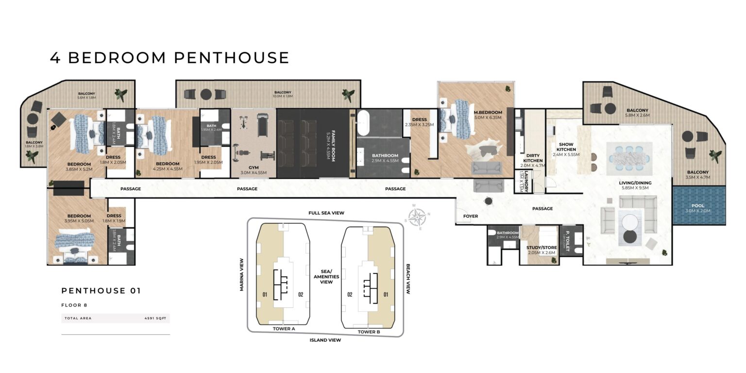 Hatimi Residences 4 bedroom penthouse layout 1 floor plan, Dubai Islands