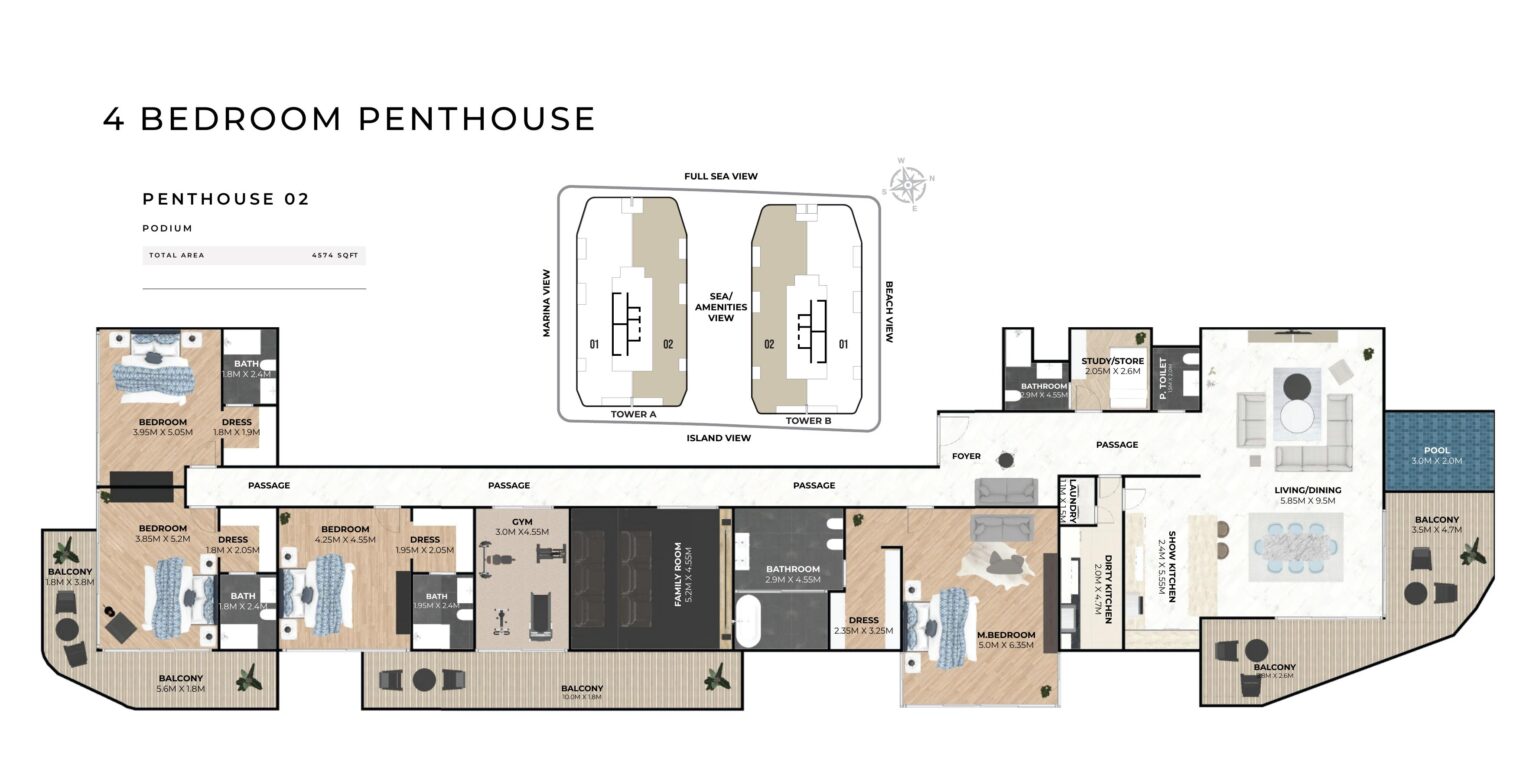 Hatimi Residences 4 bedroom penthouse layout 2 floor plan, Dubai Islands