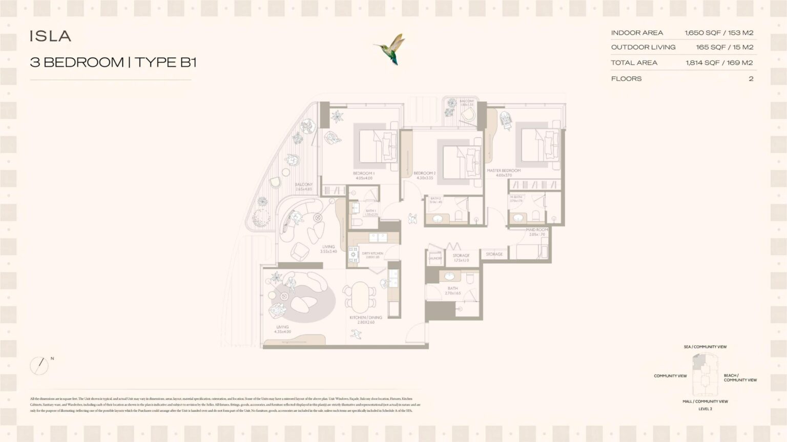 Isla Private Residences 3 bedroom apartment floor plan, layout 1, Dubai Islands