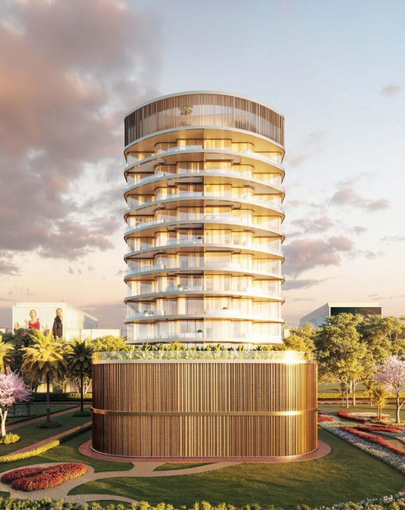 Curved Isla Private Residences tower above landscaped gardens, Dubai Islands