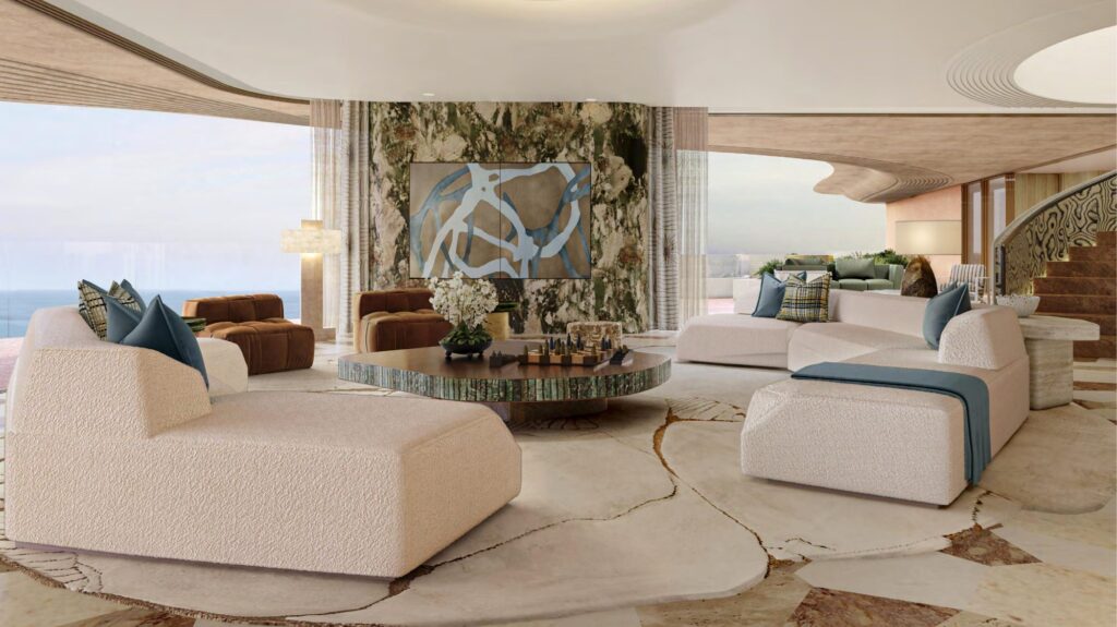 5 bedroom apartment living room with sea views at Jumeirah Asora Bay, Jumeirah, Dubai