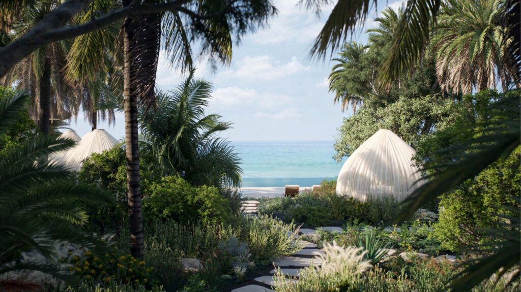 Garden pathway framing a sea view at Jumeirah Asora Bay, Jumeirah, Dubai