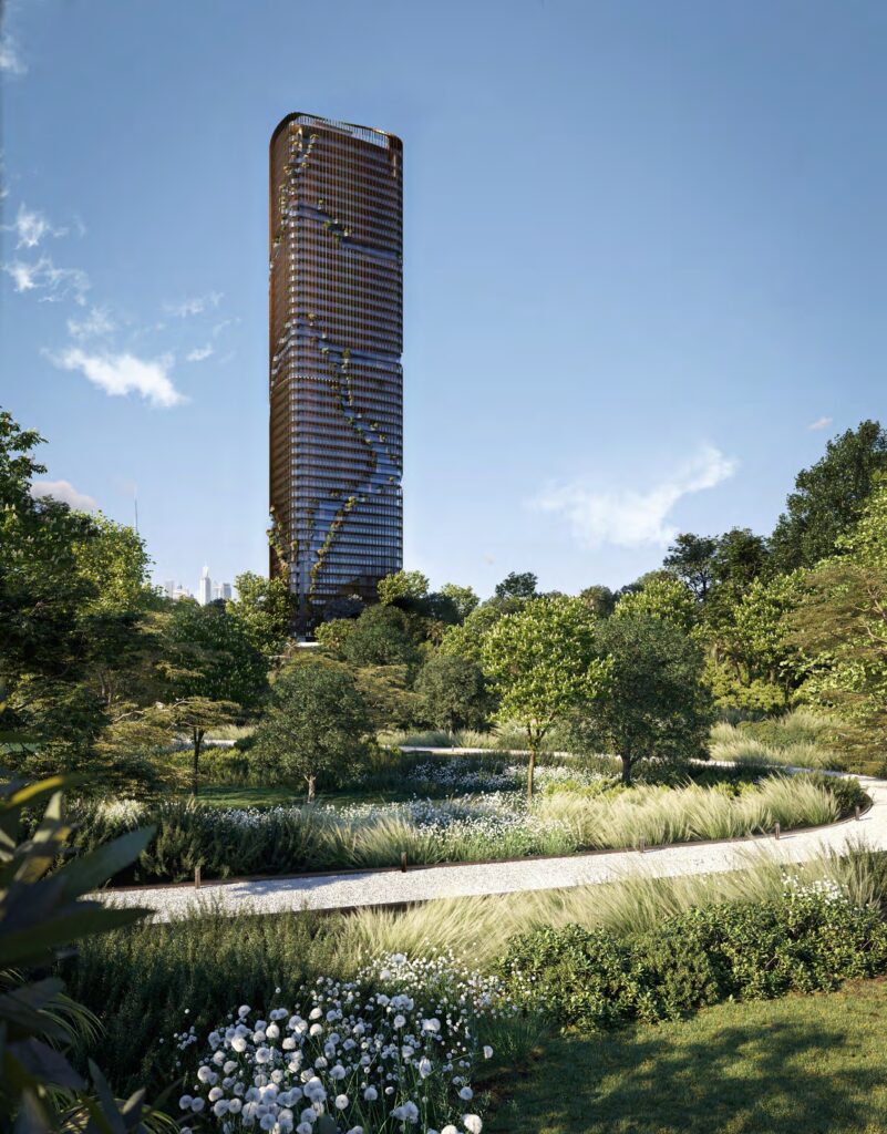 Kanyon by Beyond tower rising above a landscaped park, Dubai Maritime City