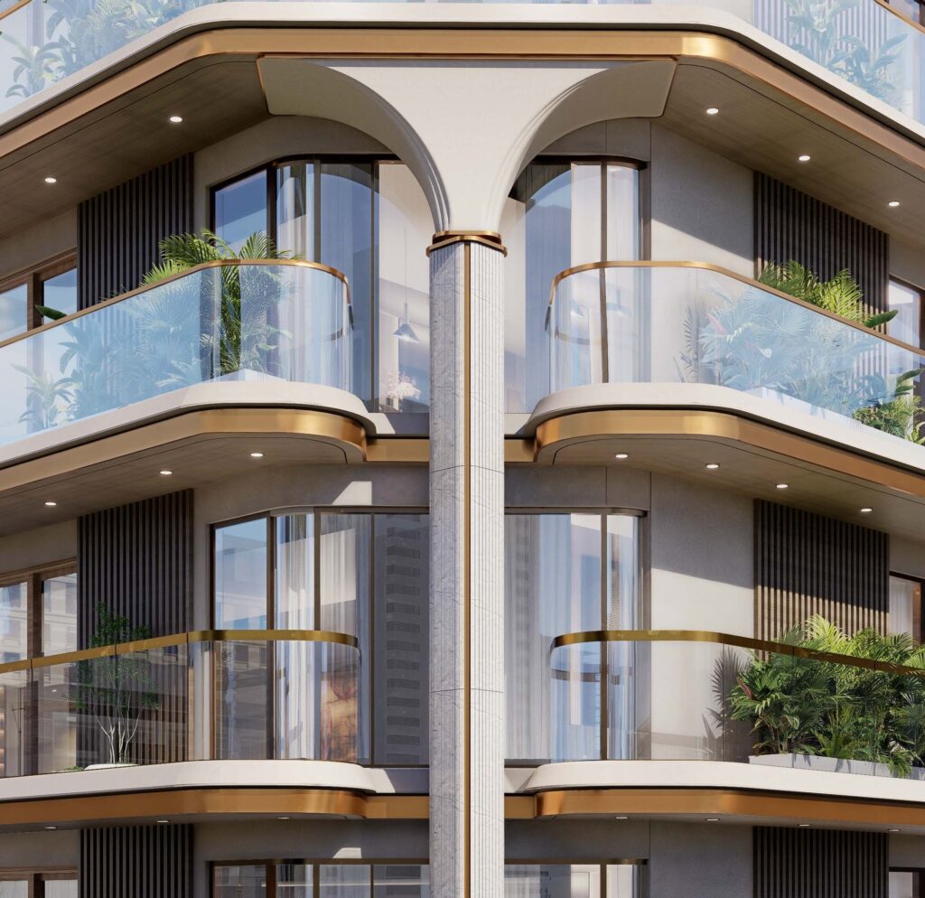 Arched balconies and planted terraces on the LIORA Residence facade, Dubai Islands