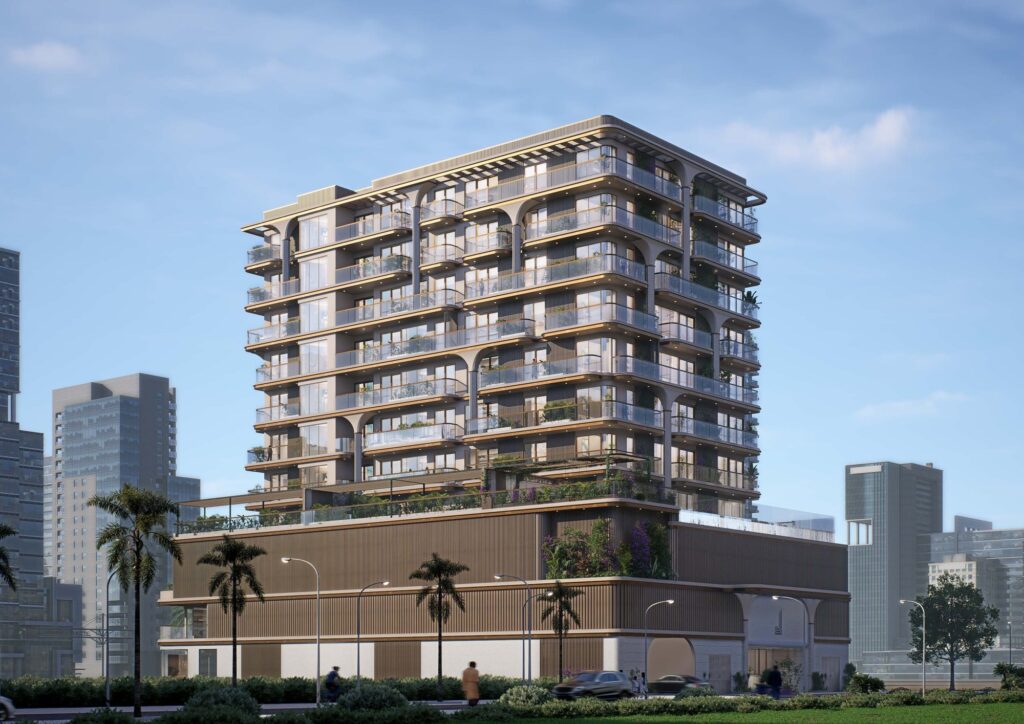 LIORA Residence apartment building with podium and palms, Dubai Islands