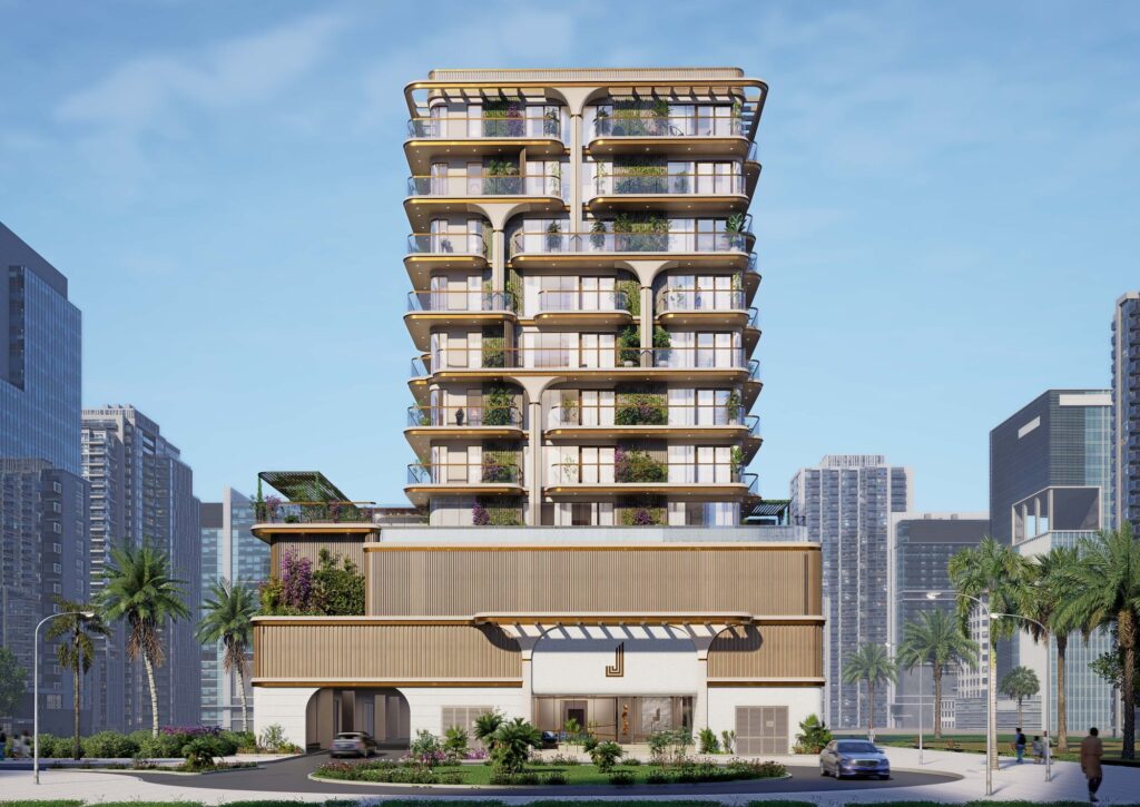 Front elevation of LIORA Residence with stepped terraces, Dubai Islands