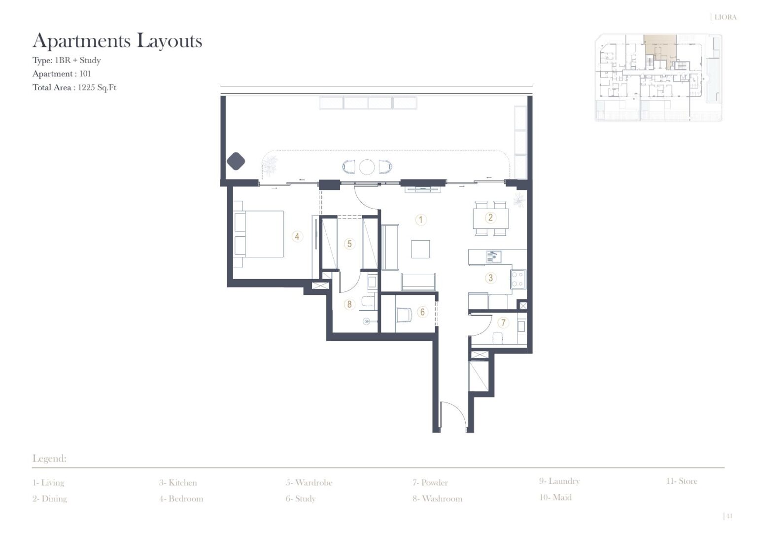 LIORA Residence 1 bedroom floor plan, unit 101, Dubai Islands