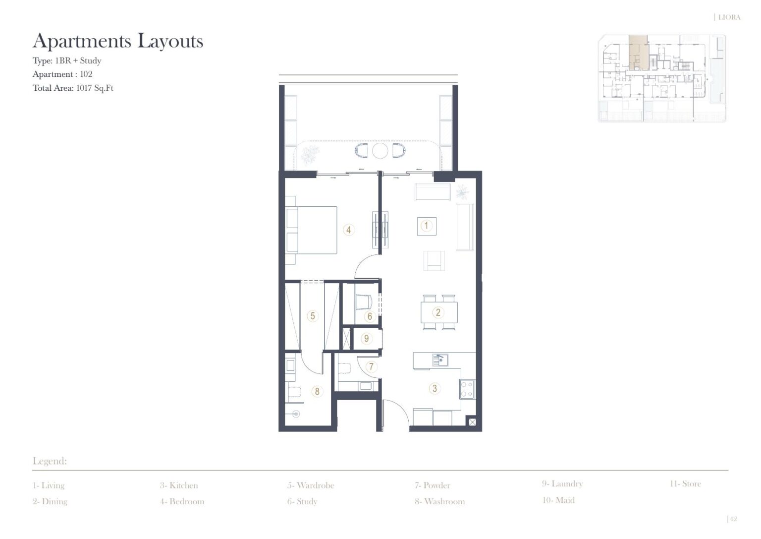 LIORA Residence 1 bedroom floor plan, unit 102, Dubai Islands