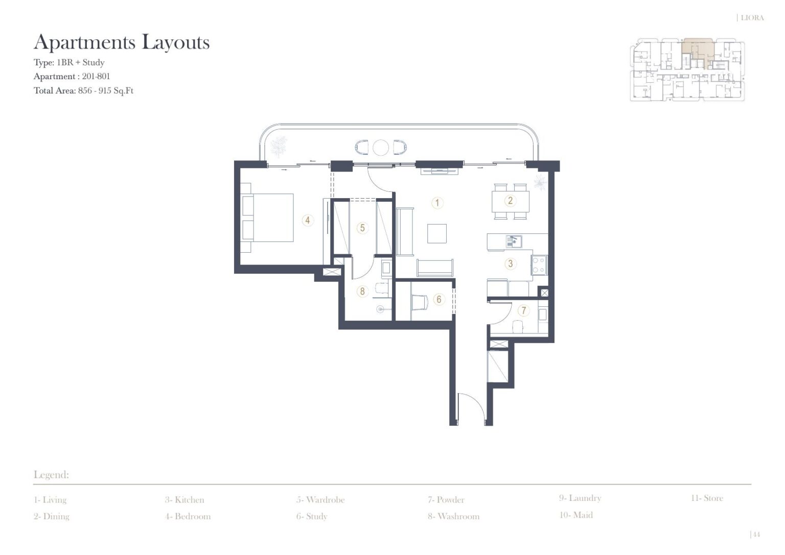 LIORA Residence 1 bedroom floor plan, unit 201 to 801, Dubai Islands