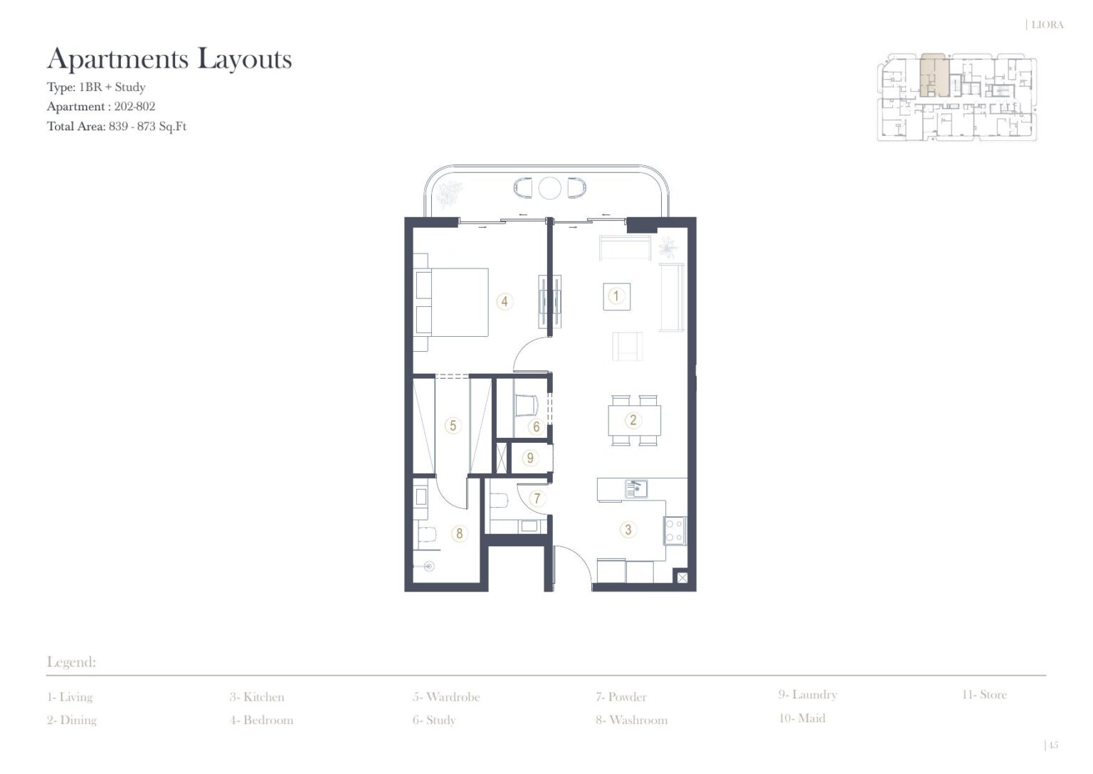 LIORA Residence 1 bedroom floor plan, unit 202 to 802, Dubai Islands