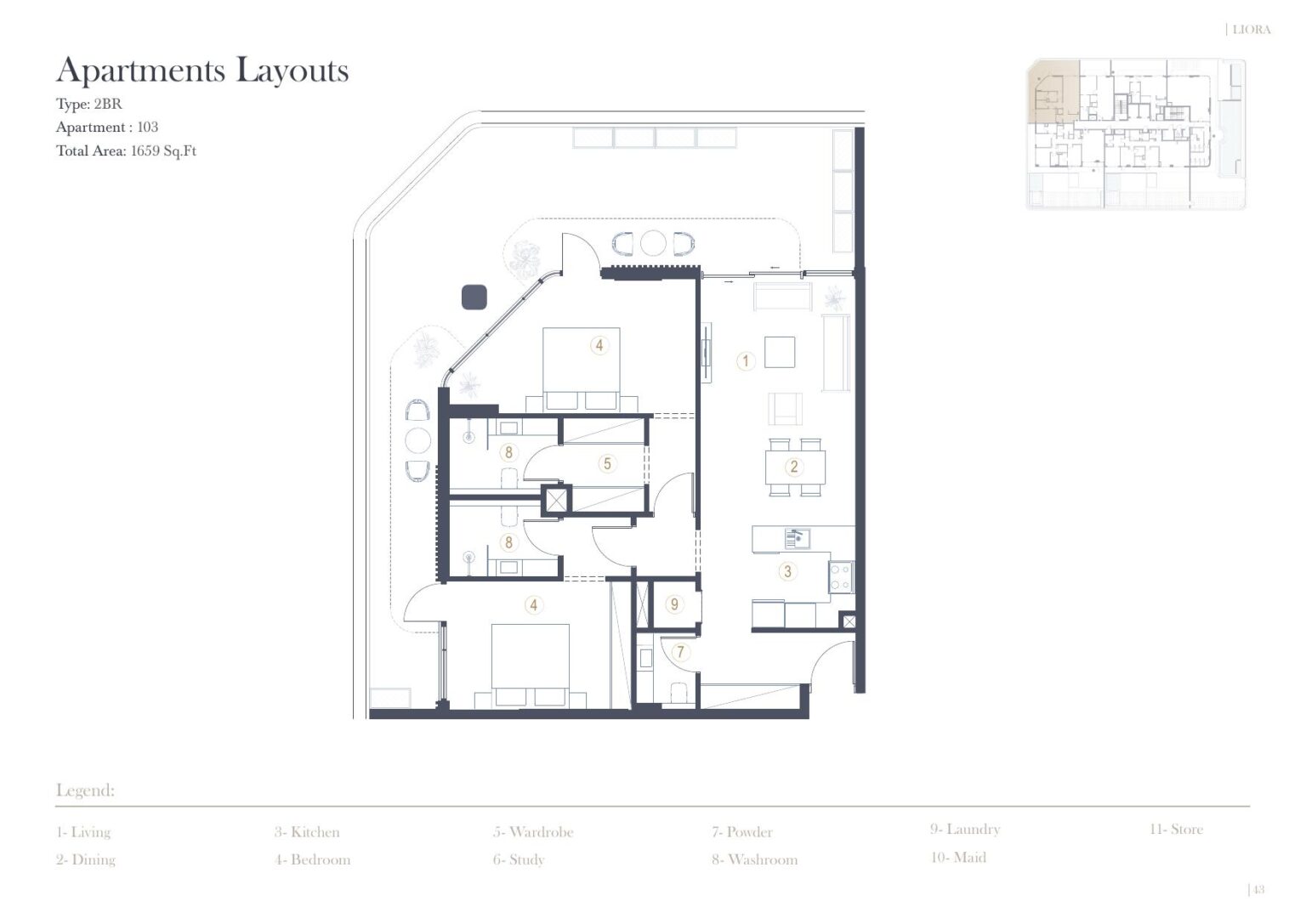 LIORA Residence 2 bedroom floor plan, unit 103, Dubai Islands