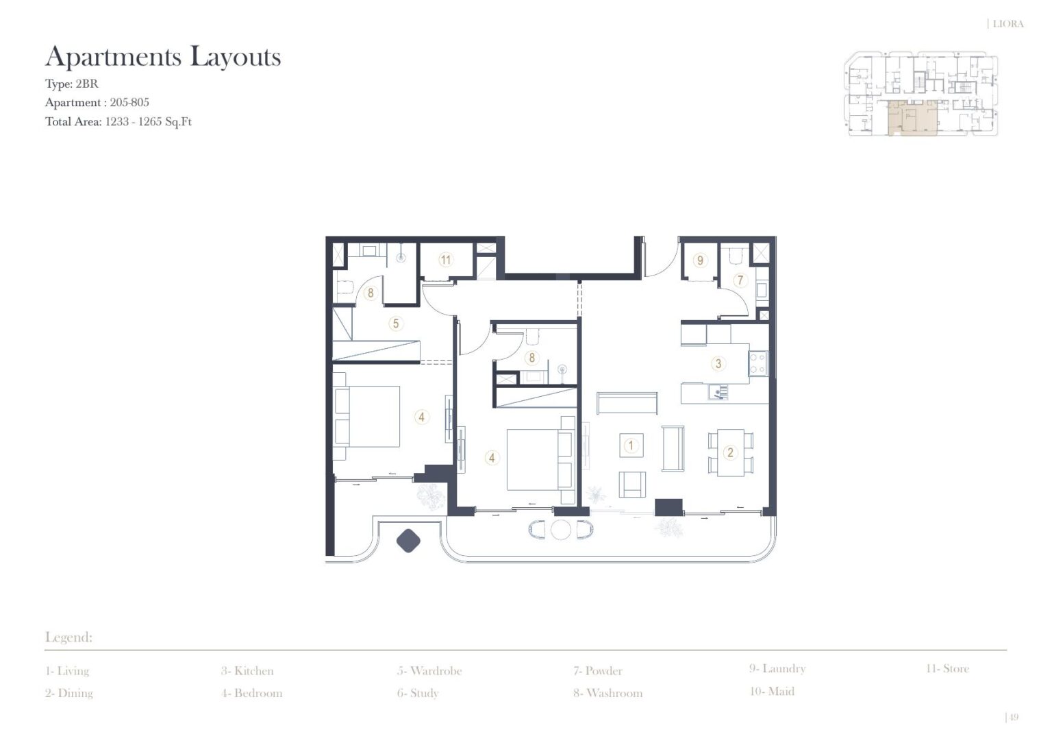 LIORA Residence 2 bedroom floor plan, unit 205 to 805, Dubai Islands