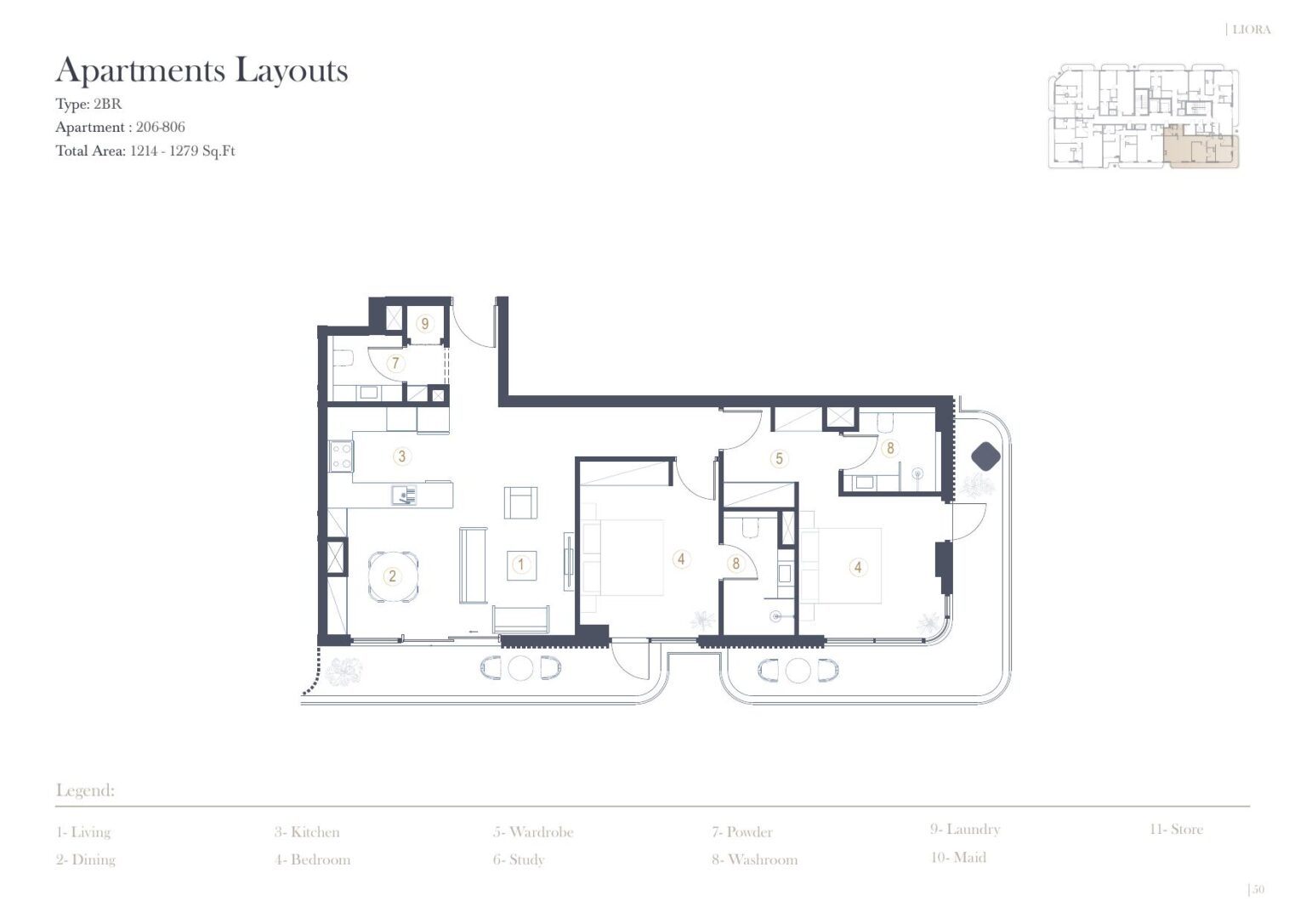 LIORA Residence 2 bedroom floor plan, unit 206 to 806, Dubai Islands