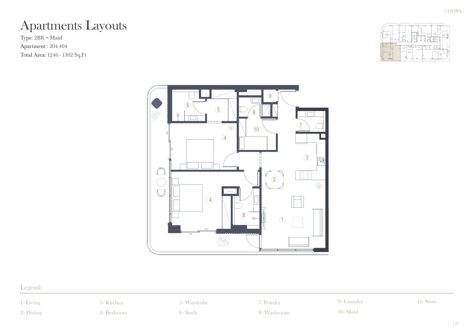 LIORA Residence 2 bedroom with maid's room floor plan, unit 204 to 404, Dubai Islands