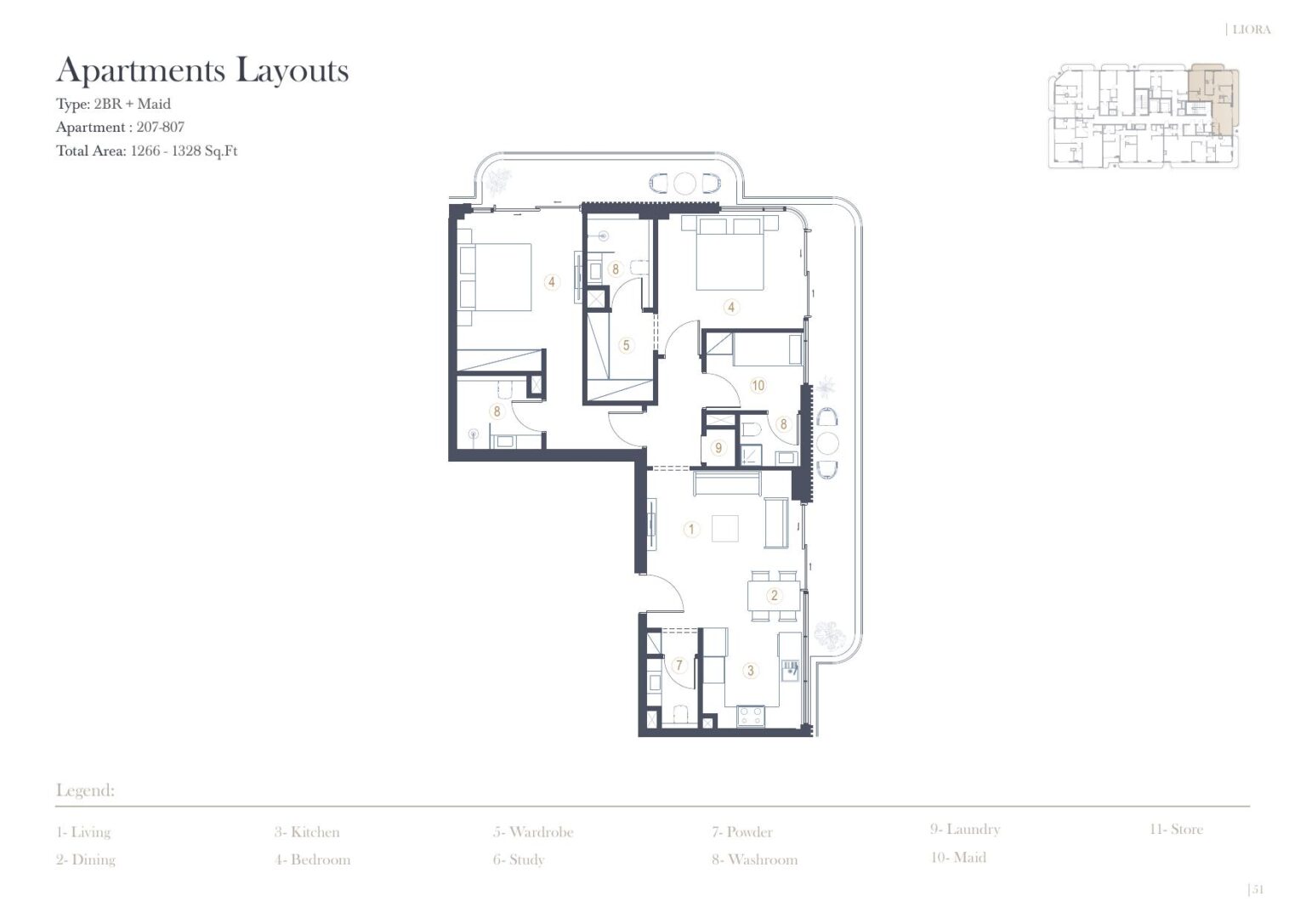 LIORA Residence 2 bedroom with maid's room floor plan, unit 207 to 807, Dubai Islands