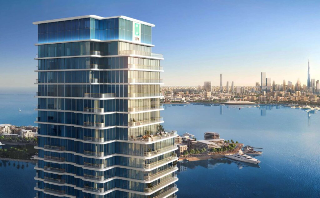 LIV Maritime tower with the Dubai skyline across the water
