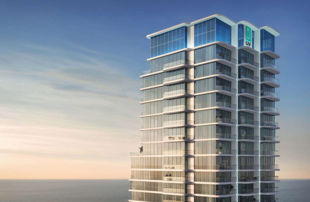 LIV Maritime tower glowing at sunset, Dubai Maritime City