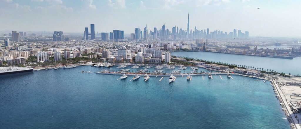 Aerial view of the Dubai Maritime City harbour near LIV Maritime