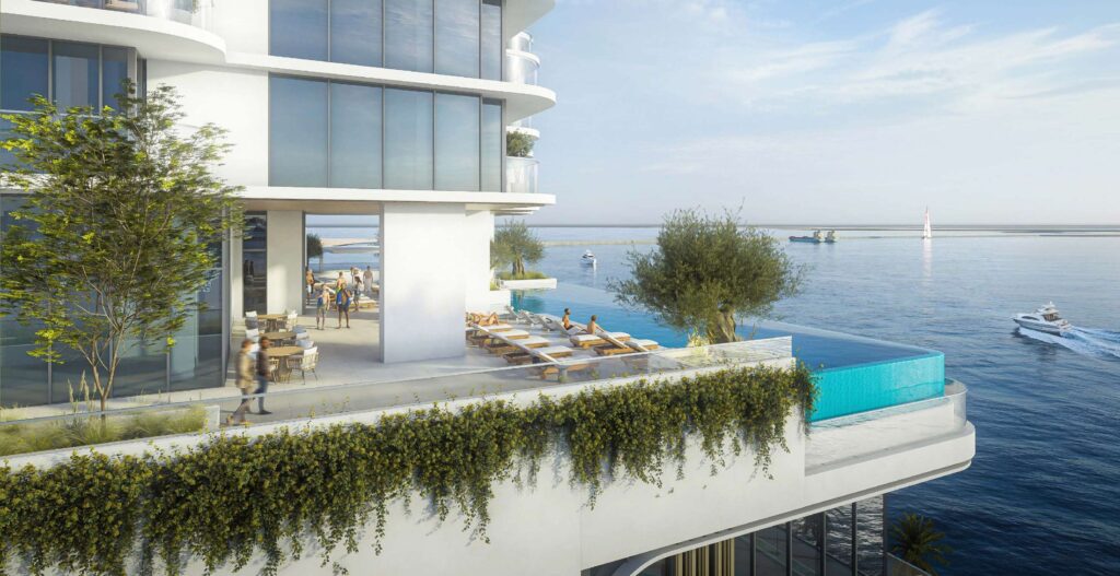 Planted terraces with pools facing the sea at LIV Maritime