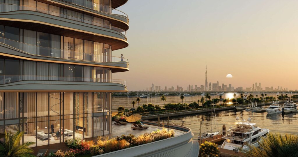 LIV Oceanside terraces overlooking the marina at sunset, Dubai Islands