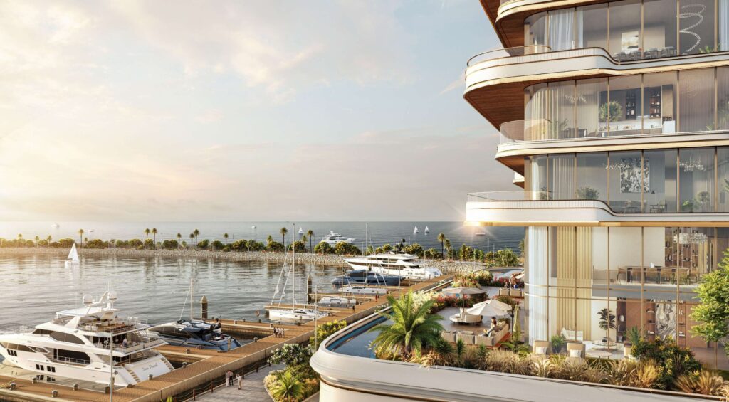 Curved balconies of LIV Oceanside above the marina, Dubai Islands