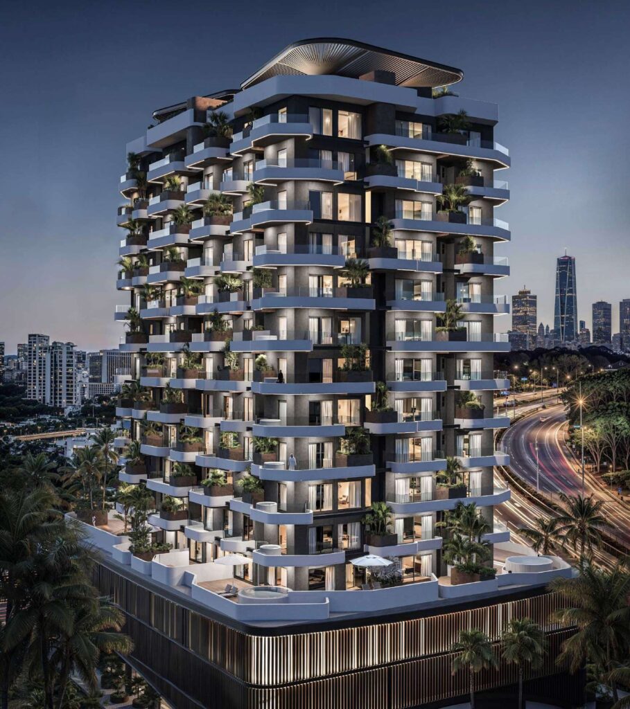 Marea Residences tower with flowing balconies at dusk, Dubai Islands