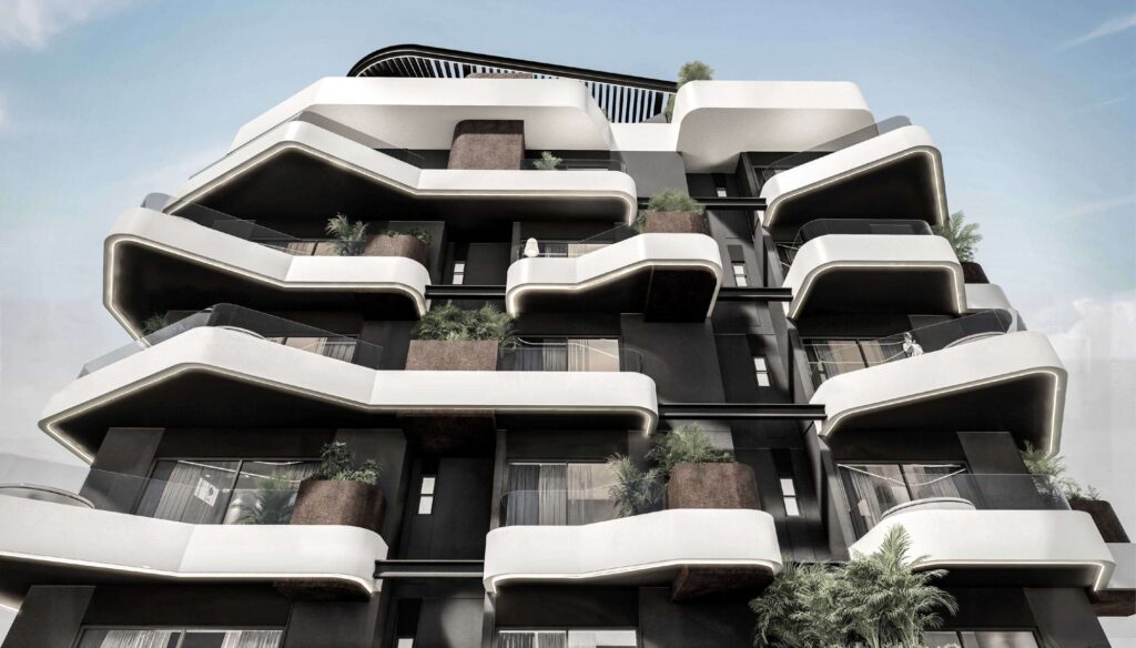 Curved white balconies on the Marea Residences facade