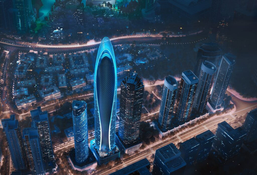 Mercedes Benz Places by Binghatti tower glowing blue at night above the city, Downtown Dubai
