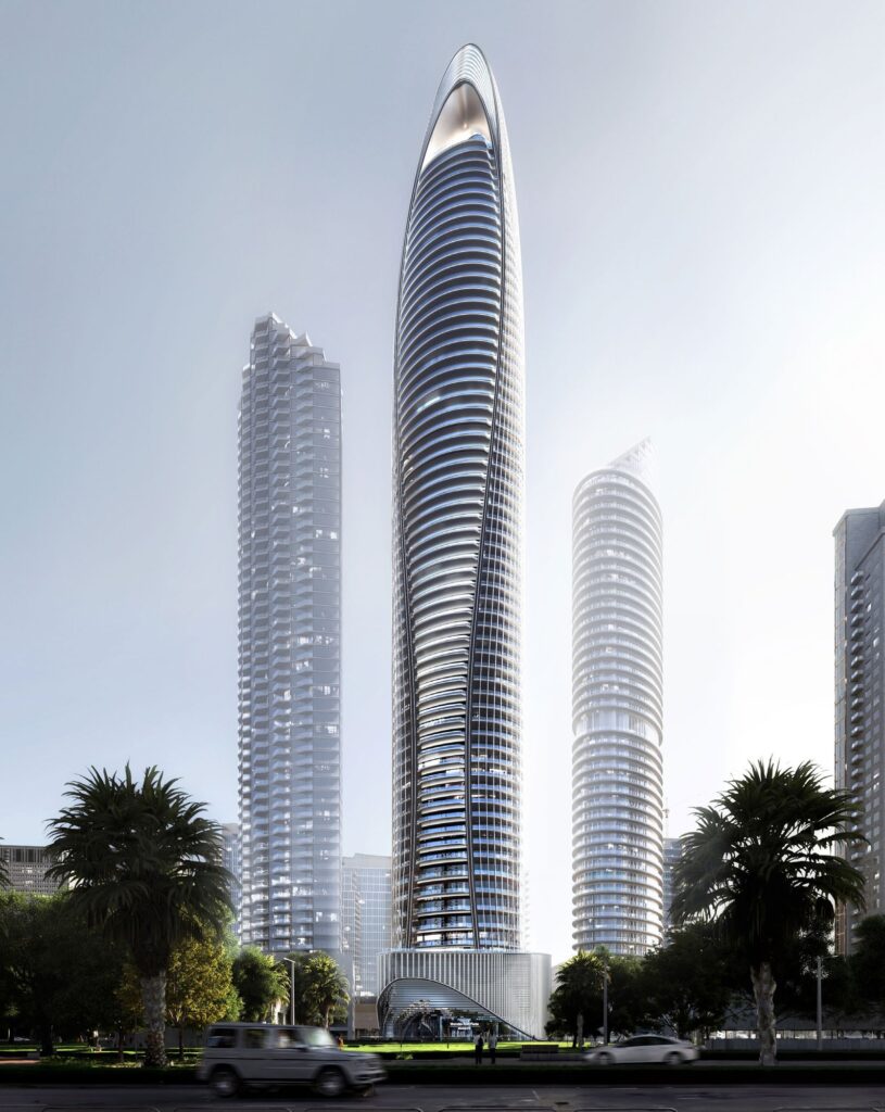 Tapered Mercedes Benz Places by Binghatti tower with palm trees at its base, Downtown Dubai