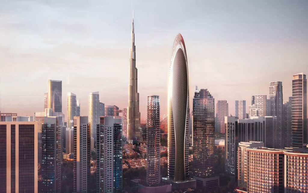 Mercedes Benz Places by Binghatti tower in the Downtown skyline at sunset