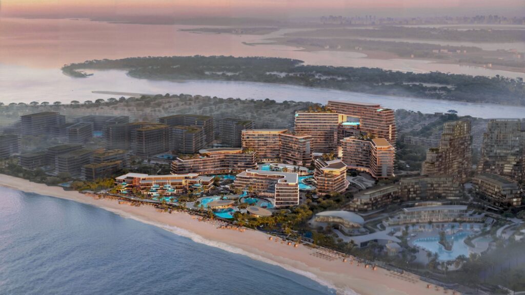 Aerial view of Meriva on the beachfront at sunset, Dubai Islands