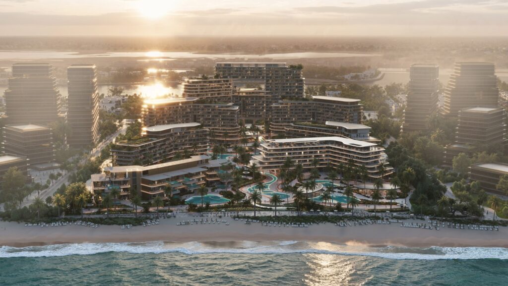 Aerial view of the terraced Meriva buildings and beach, Dubai Islands