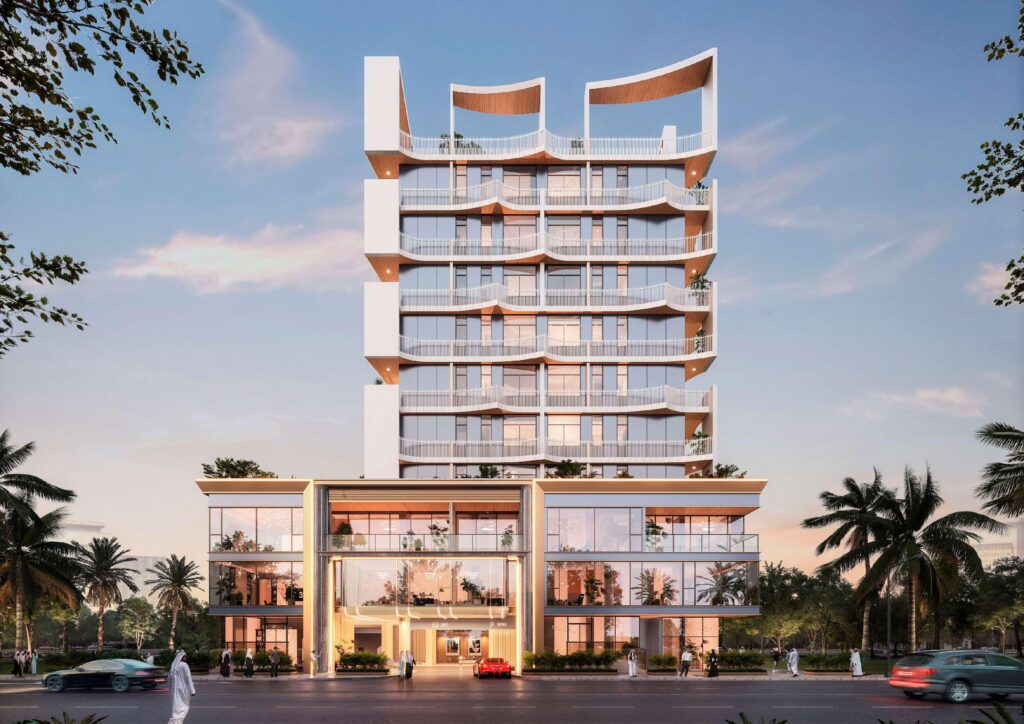 Nautis Residences tower with sculpted rooftop balconies, Dubai Islands