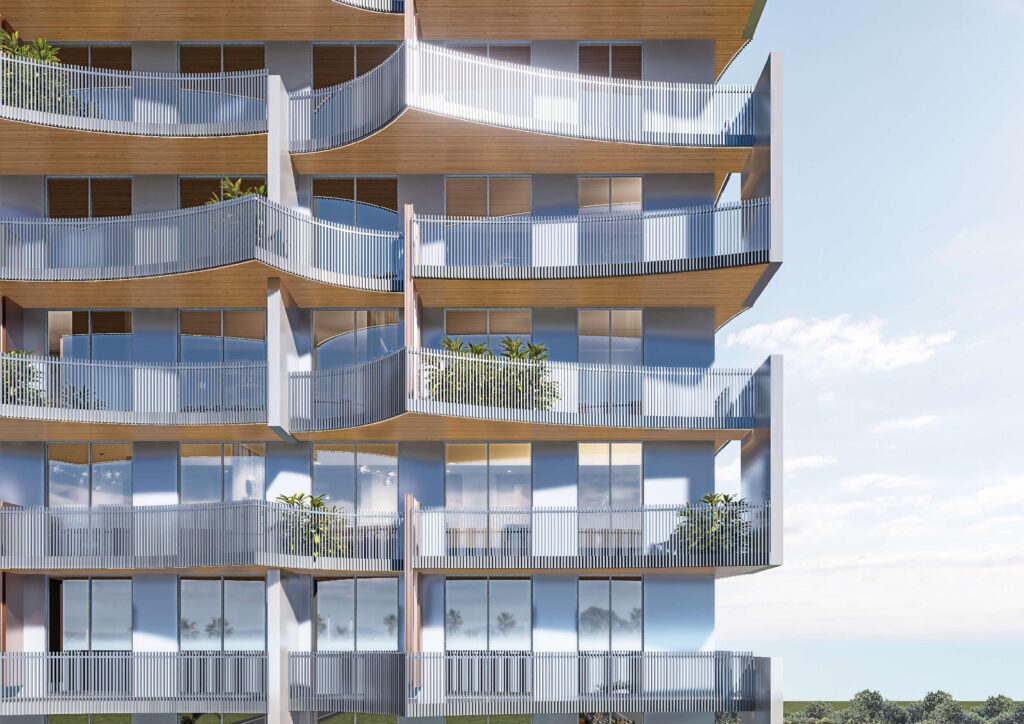 Wave shaped balconies on the Nautis Residences facade, Dubai Islands