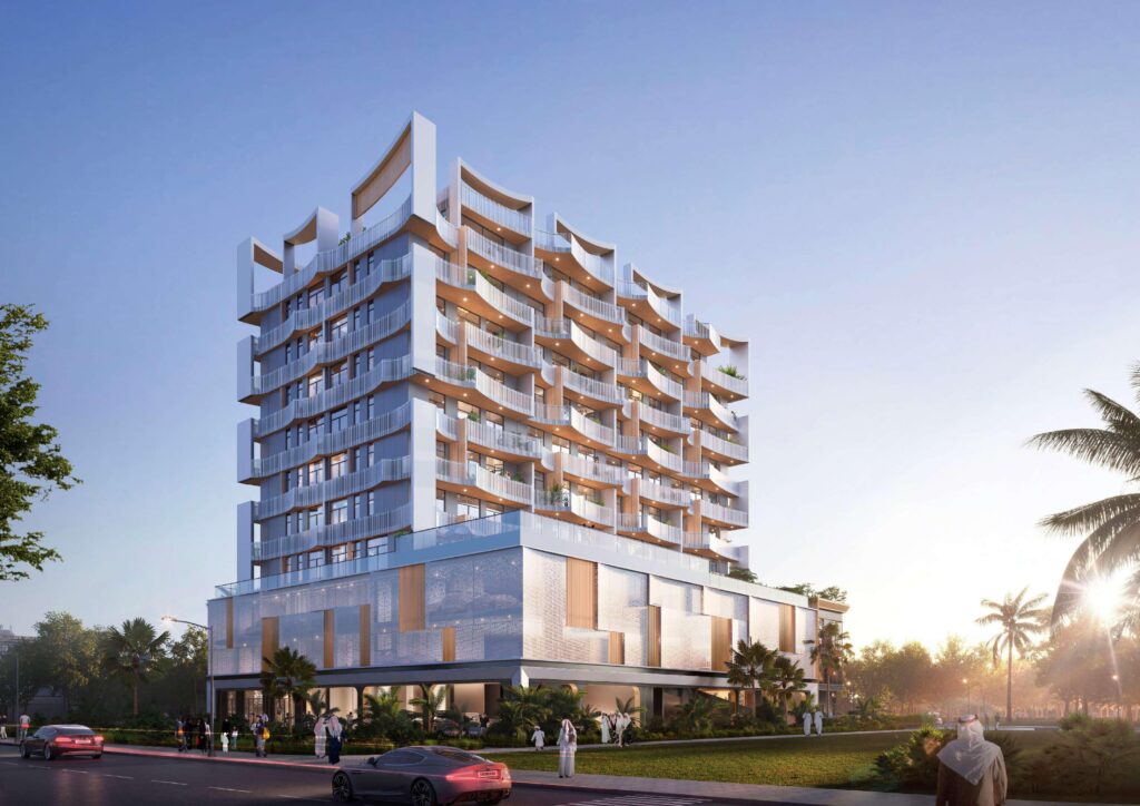 Nautis Residences building at street level at dusk, Dubai Islands