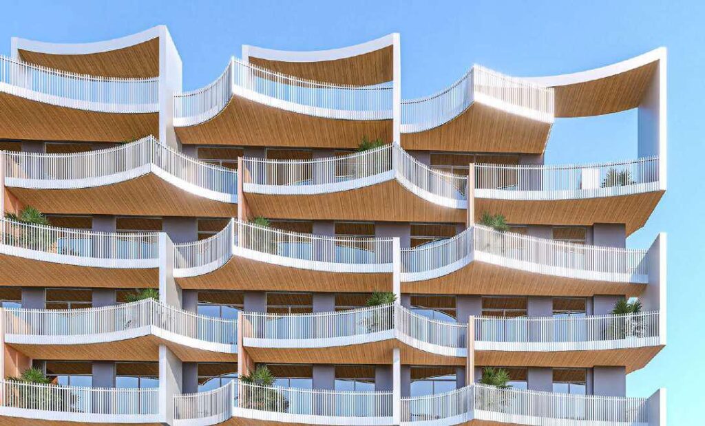 Close up of the curved balconies of Nautis Residences, Dubai Islands