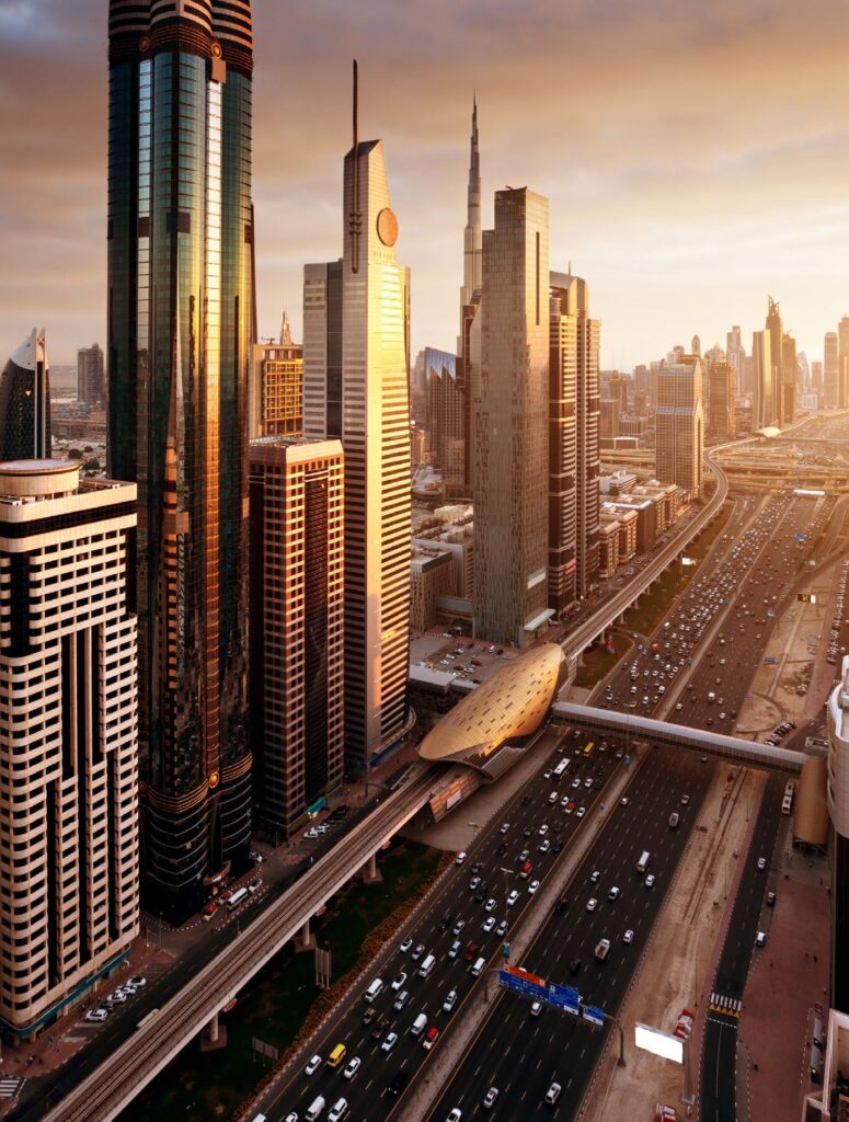 Sheikh Zayed Road towers at sunset near ONE Residence, Downtown Dubai