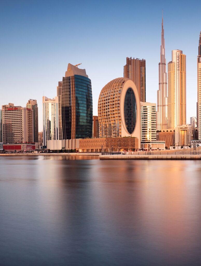 Downtown Dubai skyline across the water near ONE Residence