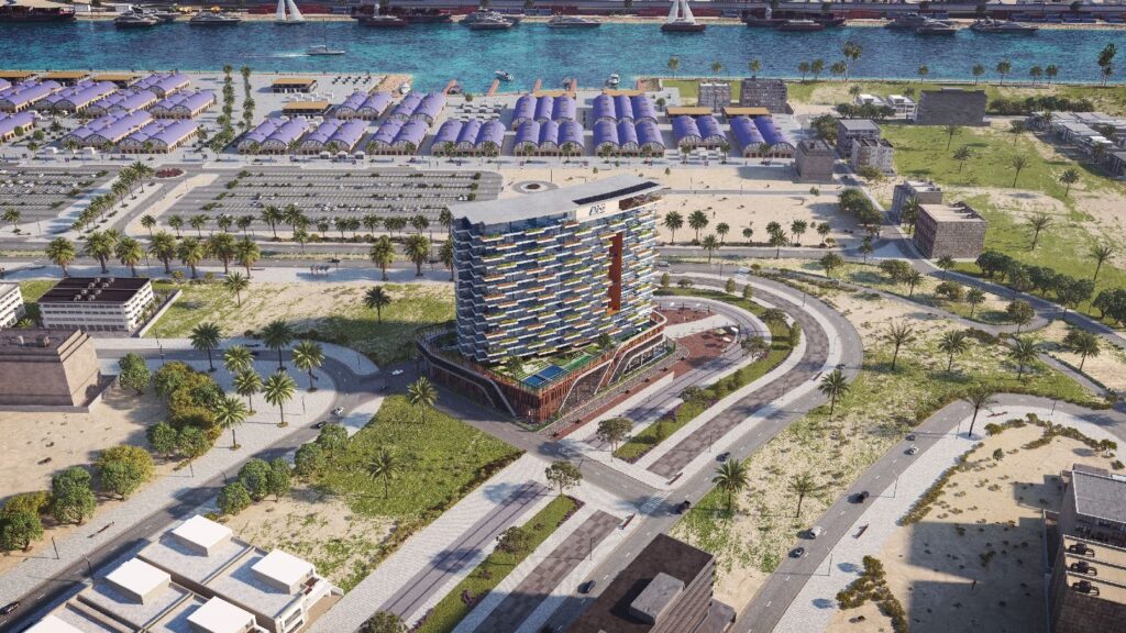 Aerial view of Ocean Tower and the surrounding island district, Dubai Islands