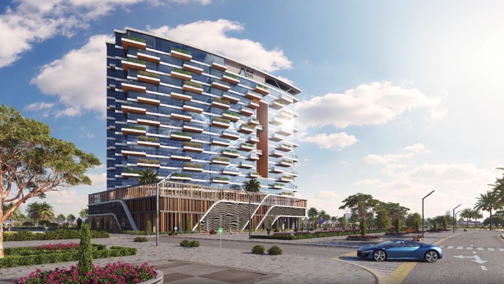 Ocean Tower with striped balconies under a blue sky, Dubai Islands