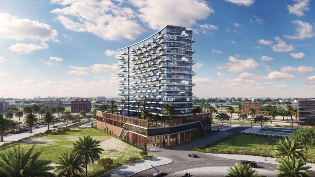 Ocean Tower rising above landscaped grounds, Dubai Islands