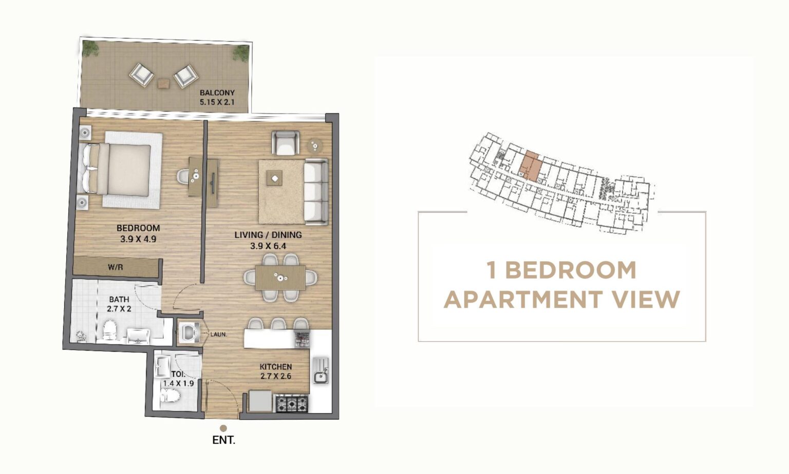 Ocean Tower 1 bedroom apartment floor plan, type B, Dubai Islands