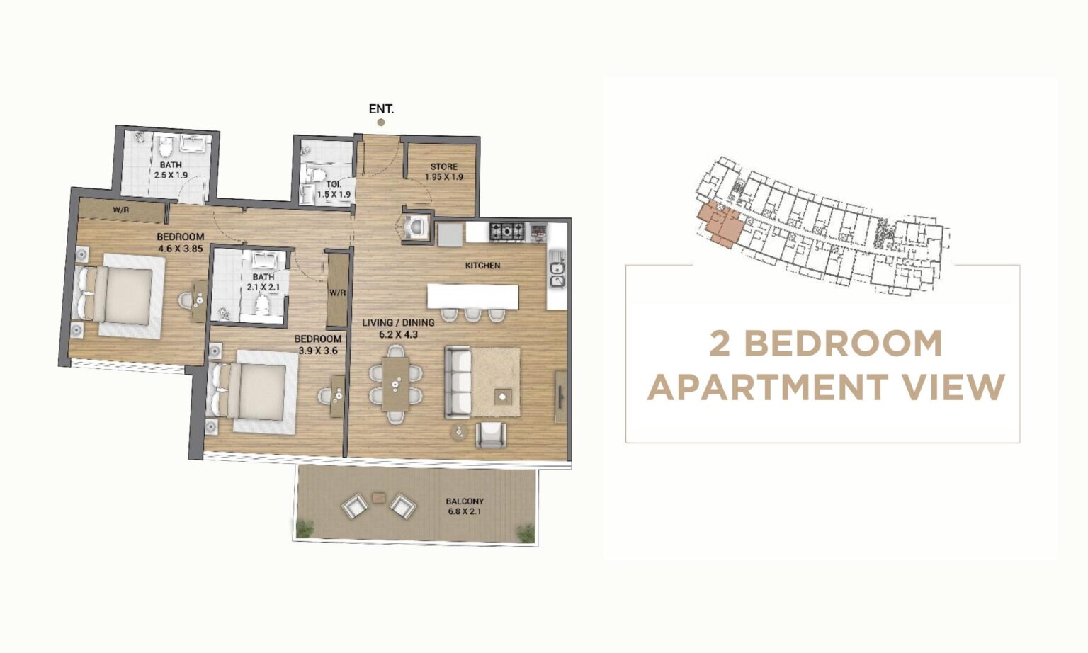 Ocean Tower 2 bedroom apartment floor plan, type A, Dubai Islands