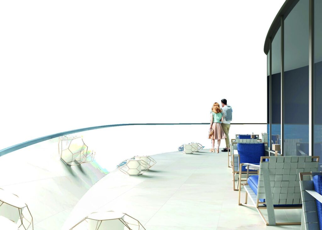 Couple on a curved terrace overlooking the sea at Oceanz by Danube, Dubai Maritime City
